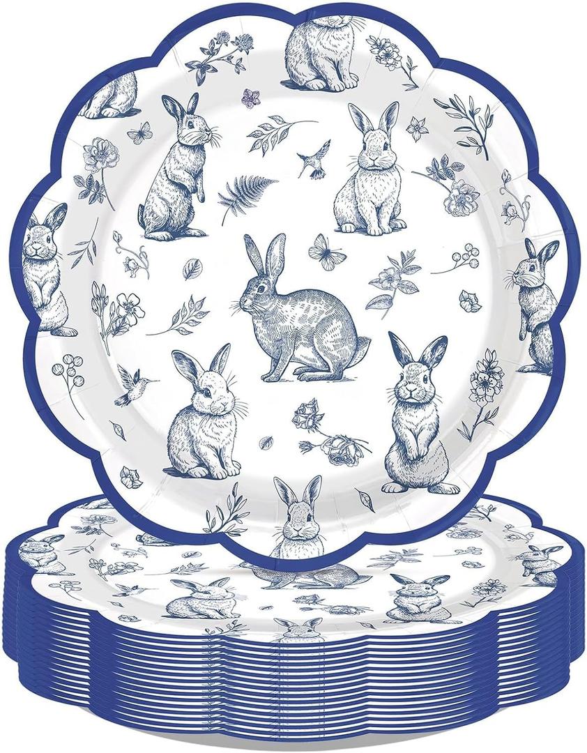 50Pcs Blue Floral Paper Plates 9" Heavy Duty Blue White Retro Flower Rabbit Party Decoration Disposable Chinoiserie Vintage Floral Scalloped Plates for Spring Tea Party Bridal Wedding Supplies