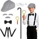 7Pcs Grandpa Old Man Costume Kit - Hat, Glasses, Cane, Bow Tie, Suspenders, Magnifying Glass, Gray Mustache and Eyebrows