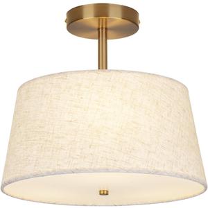 Cone-Shaped Semi Flush Mount Modern Ceiling Light Fixture, 3-Light Drum Lamp with Gold Brass Finish and Beige Fabric Shade for Bedroom, Kitchen, Dining Room, Hallway, Entryway, and Foyer