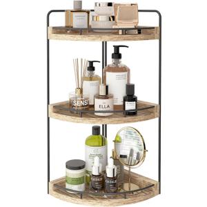 Fixwal Corner Bathroom Counter Organizer, 3 Tier Rustic Bathroom Organizer, Wood Countertop Storage Tray for Vanity, Kitchen, Bedroom (Light Brown)