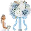Wedding Bouquets for Bride - Realistic Silk Flowers Artificial Roses, 9 Inch Bridesmaid Bouquet for Ceremony, Church, Anniversary, and Home Decoration (White & Blue)