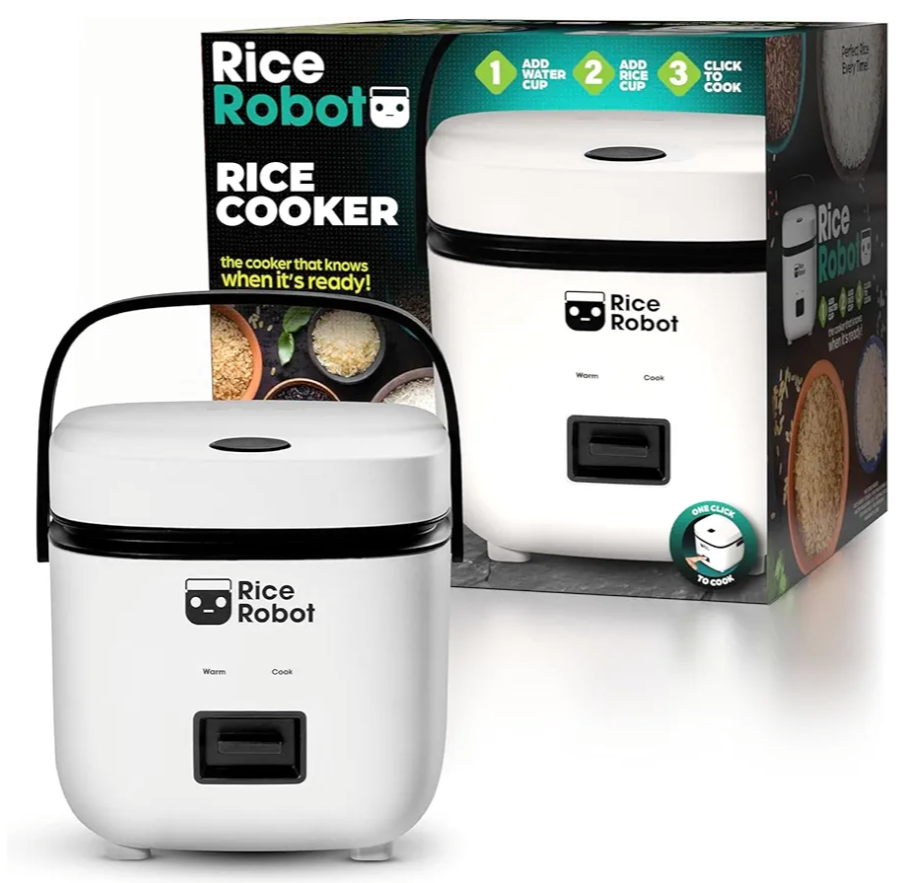 Rice Robot Personal Rice Cooker, PFAS-free, Nonstick. 1 Quart Capacity, with Stainless Steel Steamer Tray, Measuring Cups, Recipe Book with 60 Recipes, and Serving Spoon, As Seen On TV
