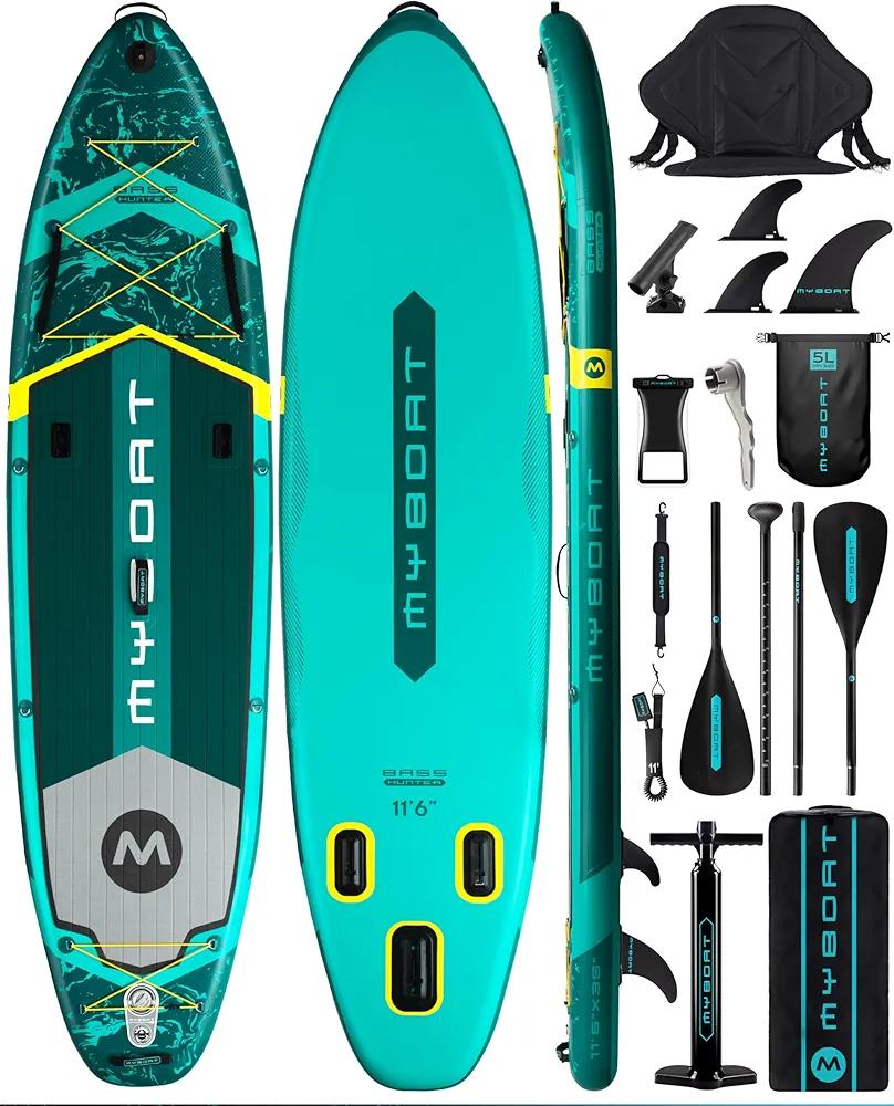 11'6"×34"×6" Extra Wide Inflatable Paddle Board, Stand Up Paddle Board for Fishing, Sup Board with 3 Removable Fins, Dual Bungees, Camera Mount, Hand Pump, Strong Paddle, 5L Dry Bag, Leash
