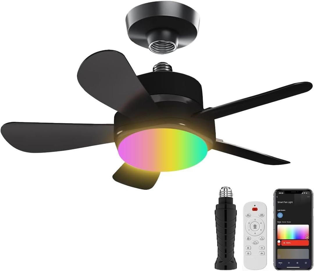 Ligency Smart Socket Fan Light with Remote, 16 inch Small Socket Ceiling Fan Light with RGBW, E26 Screw in Ceiling Light Bulb Fan, 1800Lm, Work with Alexa & Google Assistant for Garage Bedroom, Black