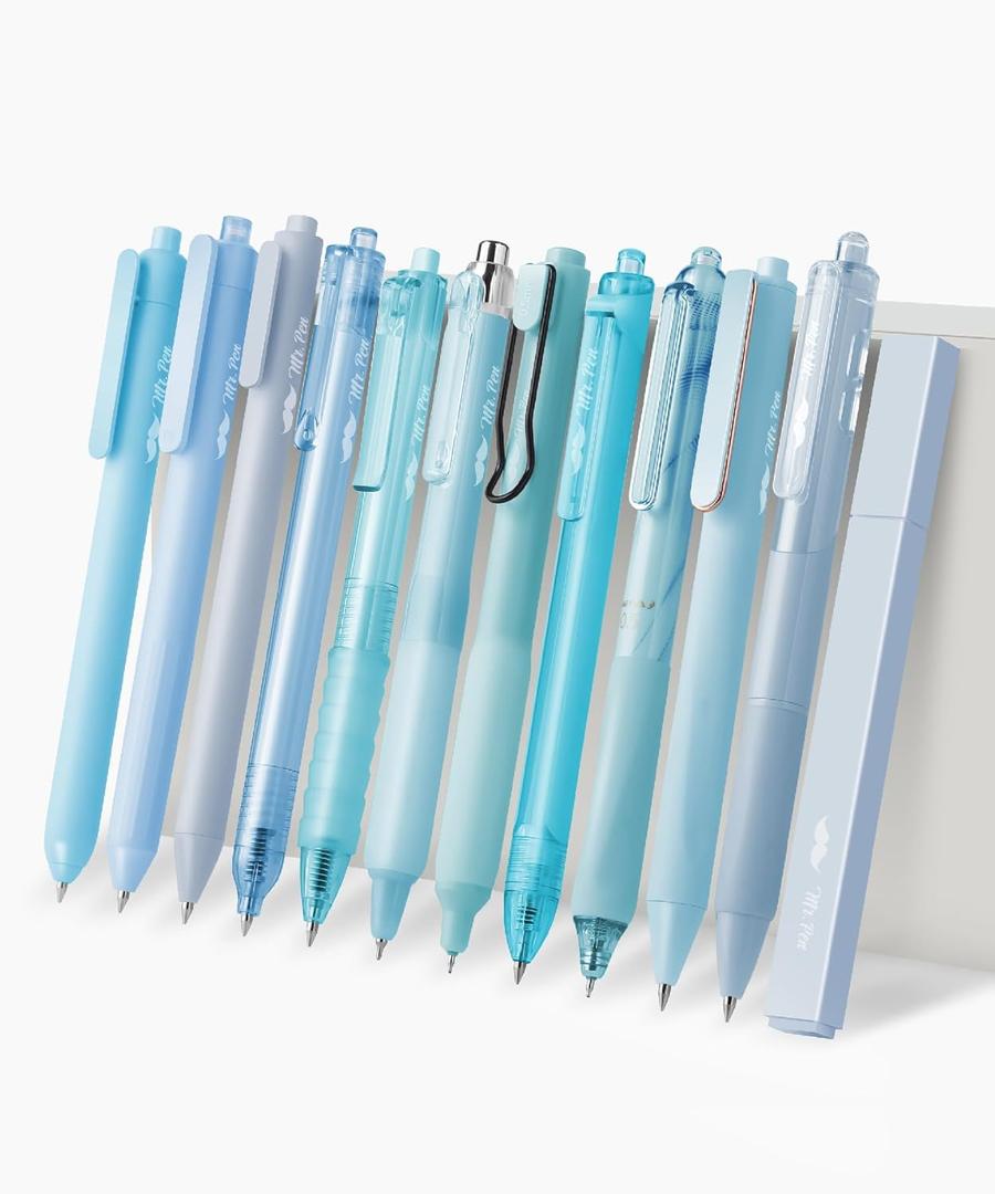 Mr. Pen- Gel Pen Set, 12 Pack, Pastel Blue Barrels, 1 x Aesthetic Highlighter, 0.5mm Black Ink Gel Pens for Journaling