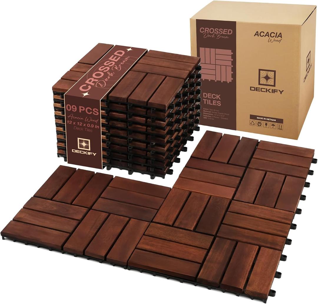 9Pcs Acacia Wood Interlocking Patio Deck Tiles, 12 x 12 x 0.9 Inch Outdoor Flooring, Waterproof for All-Weather Use  Crossed, Dark Brown