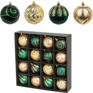 3.15" Luxury Christmas Tree Balls Ornaments, 16Pcs Colored Shatterproof Plastic Hanging Ornaments Set for Christmas Trees Decor/Wedding/Holiday/Party (Gold & Green)