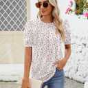 Riyiper Women's Short Sleeve Pleated Tops Crew Neck Puff Sleeve Spring Blouses Tunic Top Summer Dressy Casual T Shirt (White)