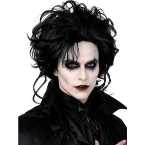 Short Curly Men's Black Scissor Wig Black Layered Costume Wig Synthetic Hair for Halloween Party Costumes