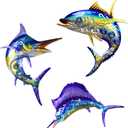 Metal Fish Wall Art Decor, 3-Piece Marlin Tuna Swordfish Set, Blue and Gold Tropical Ocean Theme Outdoor Wall Mother's Day Decor for Patio Garden Yard, Decorative Hanging Sculptures Mother's Day Decoration Gift