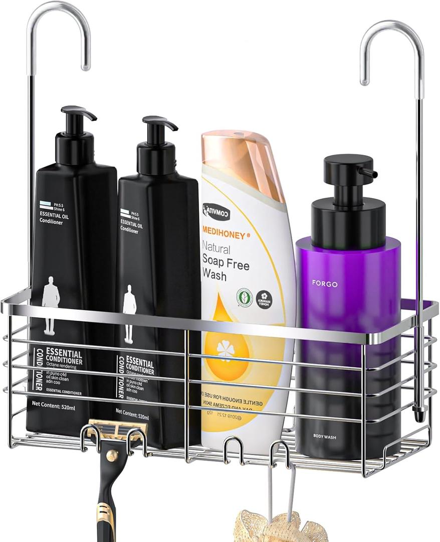 SHANSHUI Shower Hanging Caddy, Bathroom Shower Organizer Basket, Shampoo Bracket, Over Door Showers Rack with Hooks, 304 Stainless Steel Rustproof (11"D x 4.7"W x 13.6"H)