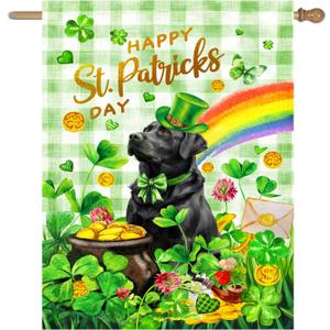 Black Lab St Patricks House Flags 28x40 Double Sided Labrador Dog St Patricks Day Lawn Flag Buffalo Plaid Shamrock Flag Outdoor Rainbow St Patrick Day Garden Flag Large