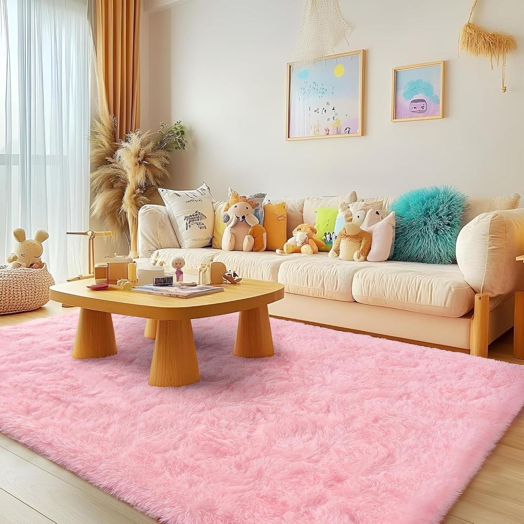 6x9 Fluffy Pink Area Rug - Soft Cute Shag Fuzzy Rug for Bedroom - Anti-Skid Living Room Girls Rug Pink Home Decor (9' x 6' (Rectangular))