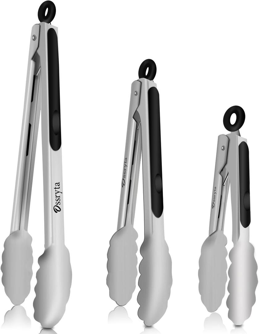 Stainless Steel Cooking Tongs Set of 3 - Heavy Duty 12/9/7 Inch Locking Tongs, Heat Resistant to 600 Degrees, Food Grade Kitchen Metal Tong for Food, Salad, & BBQ - Dishwasher Safe (Silver 3 Pieces)