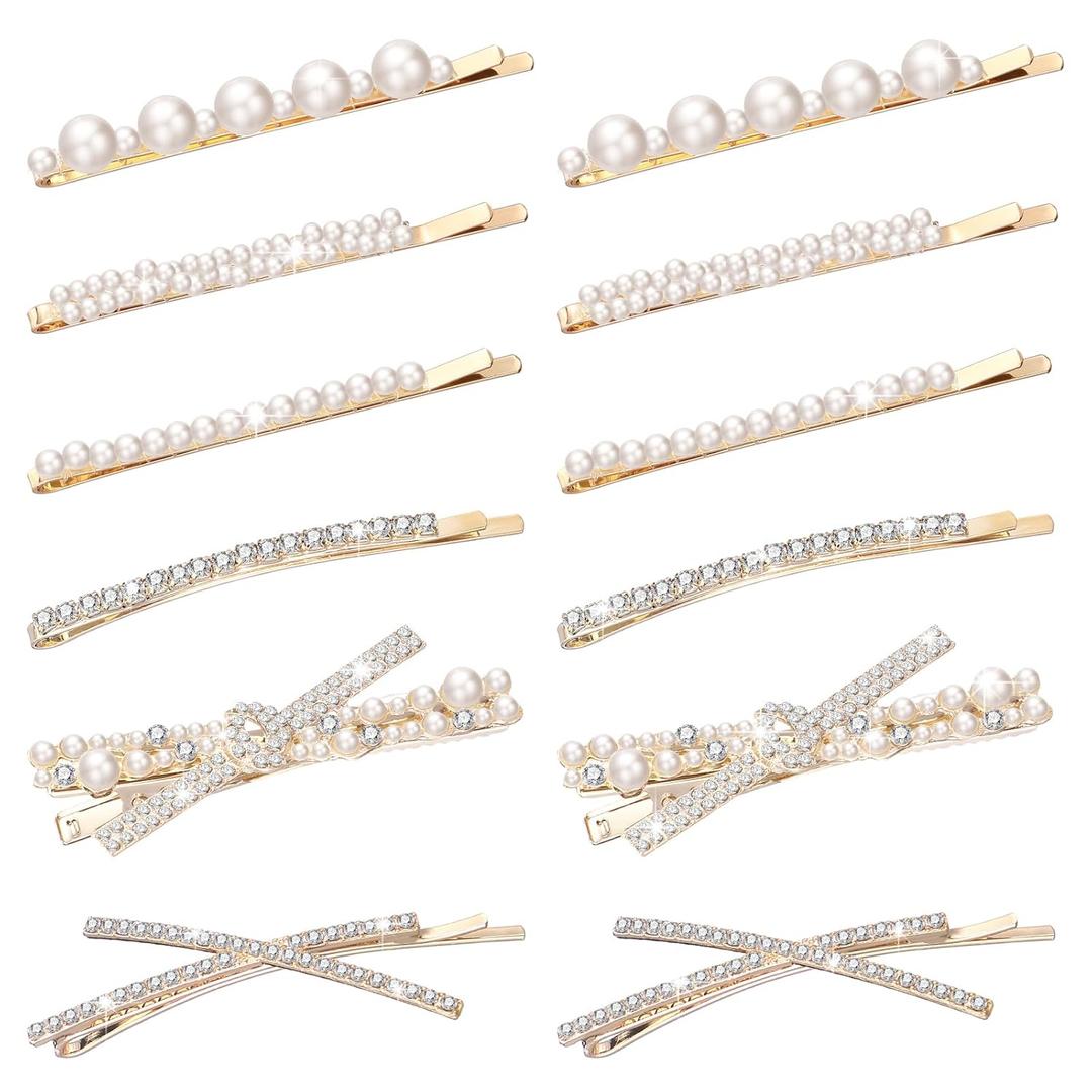 12 Pieces Rhinestone Bobby Pins Decorative Fancy Crystal Hair Clips Shiny Metal X Shaped Barrettes Bling Diamond Wedding Bridal Shower Hair Accessories for Women Ladies Girls (Gold, White)