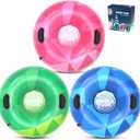 WOLKEK 3Pack Snow Tubes, Snow Sled for Kids and Adults, Cold-Resistant Inflatable Snow Tube, Thickened Heavy Duty Sleds for Winter with Handles, Snow Toys, Snow Sleds for Family Activities Outdoor Fun (Green, Pink, Blue)