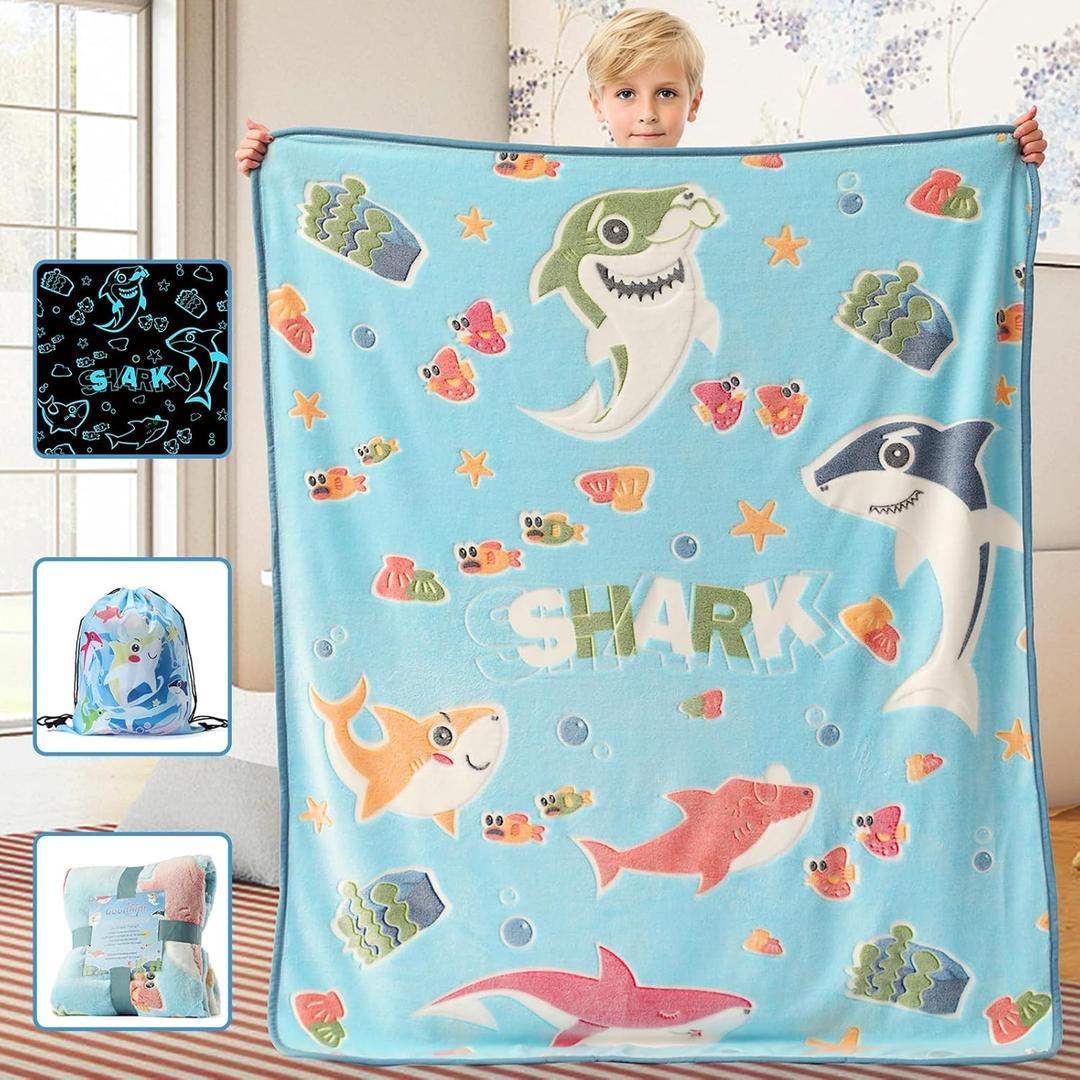 Goodhipi Glow in The Dark Shark Blanket, Gifts for Boys Girls 1 2 3 4 5 6 7 8 9 Year Old Toddler Boy Girl Toys Age 6-8 Blue Blanket Toy for Boys Shark Lovers Christmas Birthday Gifts Presents 50"× 60"