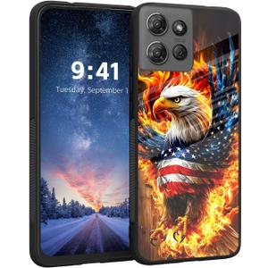 for Moto G 5G 2025 Phone Case, Tempered Glass Back and Soft TPU Dual Layer Bumper, Shockproof Full Body Protective Phone Cover for Moto G 5G 2025, American Flag Flame Eagle