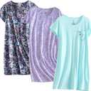 PNAEONG 3 Pack Women's Cotton Nightgown Sleepwear Short Sleeves Shirt Casual Print Sleepdress