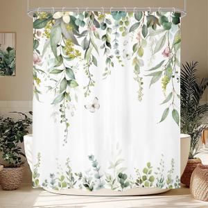 LIGHTINHOME Sage Green Shower Curtain 72Wx72H Inches, Watercolor Eucalyptus Leaves Summer Bathroom Curtains, Botanical Plants Earthy Waterproof Fabric Shower Curtains for Bathroom Decor with Hooks