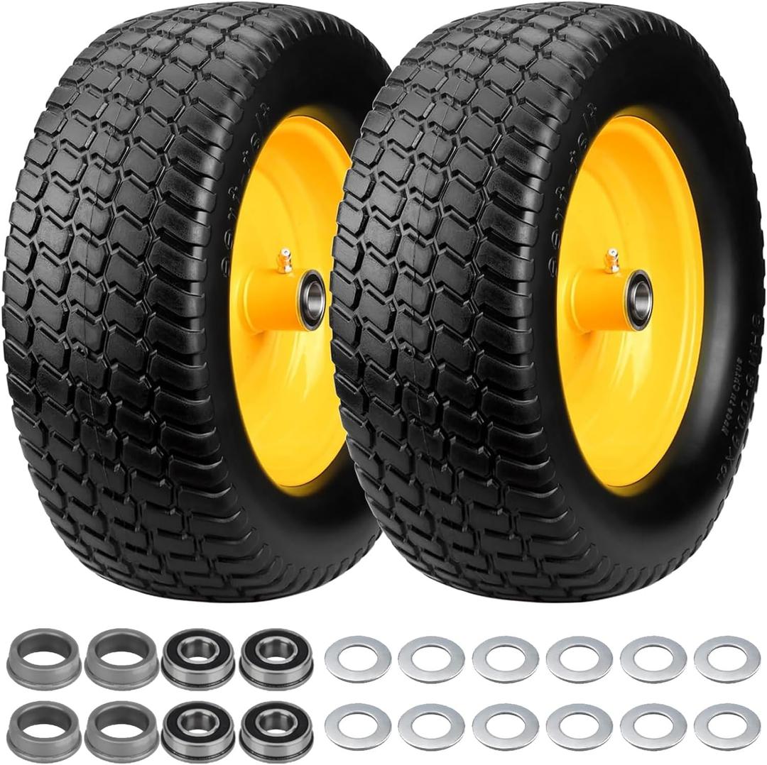 2 Pack 15x6.00-6 Flat Free Lawn Mower Tire And Wheel, Solid 15x6.00-6 Tire, 15x6.00-6 Solid Tires（Yellow Rim)