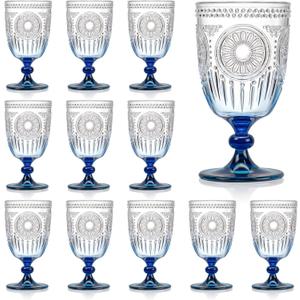 XUWAIDSGN 12Pcs Plastic Vintage Wine Glasses 13.5oz Reusable Embossed Goblet Glasses Blue Gradient Retro Wine Glassware Unbreakable Stemmed Champagne Water Cups for Wine Cocktail Juice Wedding