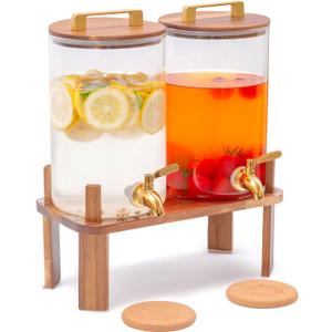 2 PACK 1 Gallon Glass Beverage Dispenser with Wooden Stand, Drink Dispenser with Stainless Steel Leak-Proof Spigot, Juice & Lemonade Dispenser for Iced Tea, Parties, Weddings