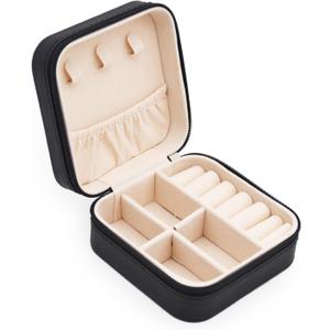 MODENGKONGJIAN Mini Jewelry Travel Case, PU Leather Travel Jewelry Organizer Box, Small Portable Portable Jewelry Storage Holder for Women's Rings Earrings Necklaces Bracelets (Black)