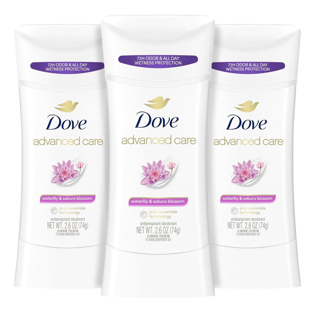 Dove Advanced Care Antiperspirant Deodorant Stick Waterlily & Sakura Blossom 3ct For underarm care with Pro Ceramide technology with 72-hour odor control and sweat protection for soft underarms (7.8 Ounce (Pack of 1))