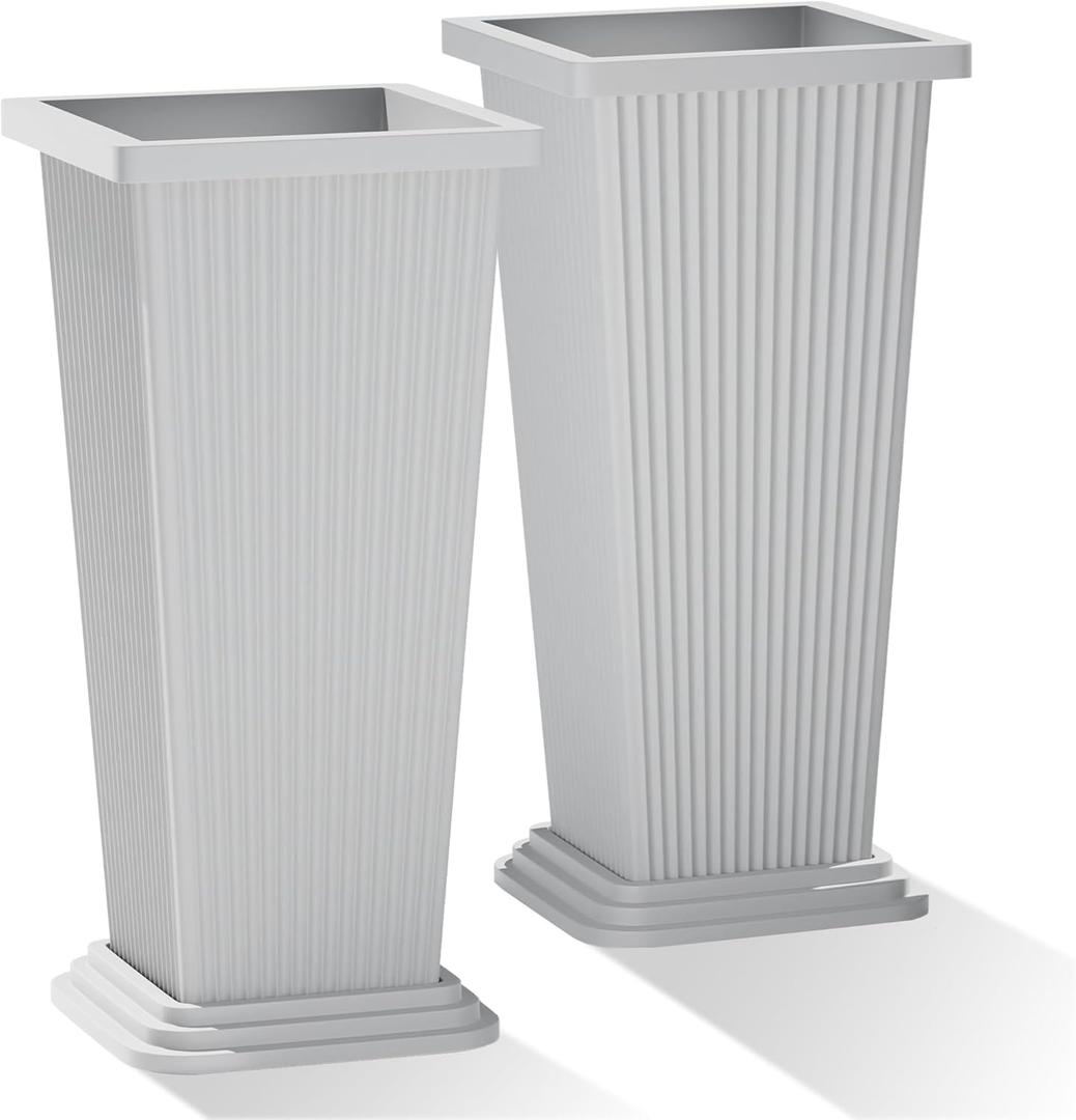 Tall Outdoor Planters Set of 2, 24" Tapered Outdoor Tall White Planter for Front Porch, Large Indoor Modern Planter Flower Pots with Tray, Drainage Holes (Ribbed)