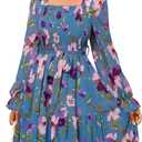 Simplee Womens Boho Floral Fall Short Dresses Long Sleeve Square Neck Empire Waist Smocked Flowy Mini Dress Blue XL