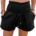 OYOANGLE Women's Maternity Elastic Smocked Waist Shirred Shorts Knot Roll Up Hem Denim Shorts with Pockets Black XXL