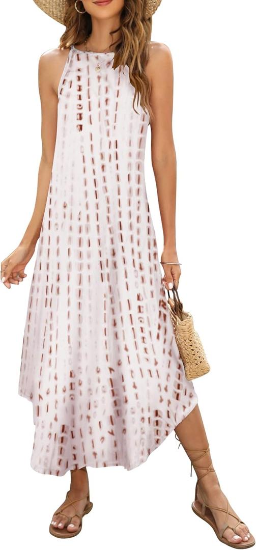 Halife Women's Summer Casual Sleeveless Beach Dress Long Halter Side Slit Maxi Sun Dresses (Medium, 2-coffee)