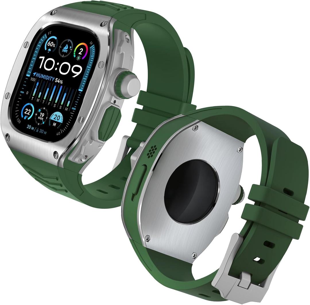 Luxury Stainless Rugged Case with Band Compatible for Apple Watch Ultra, 49mm Metal Protective Cover Bumper Case with Silicone Strap for iWatch Ultra, Full Protective 49mm Case with Band for Men