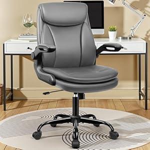 Office Chair Ergonomic Desk Chair - Premium Leather Executive Office Chairs with Lumbar Support Flip Up Armrests, Home Office Desk Chairs Computer Chair with Rocking Function Adjustable Height (P03, Brown)