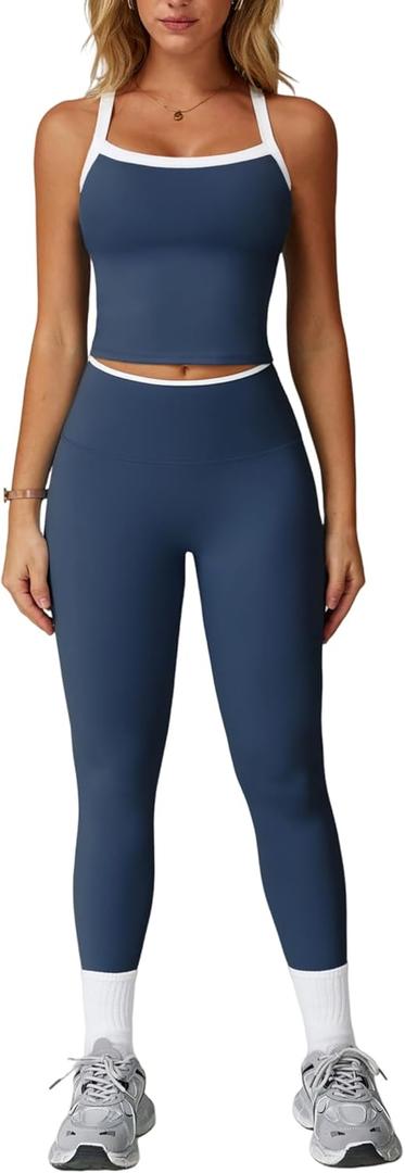 Womens Workout Sets Two Piece Cross Back Tank Top Matching High Waist Leggings Sets Gym Outfits Work Out Clothes (Medium, Colorblock Dark Blue)