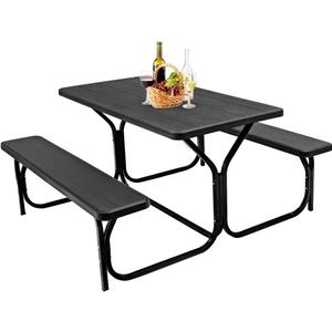 GYMAX Picnic Table, Picnic Bench Easy to Assemble w/All Weather Wood Grain Tabletop & Metal Frame, Picnic Tables for Outdoors Camping Backyard Deck Patio Poolside Dining Party (Black)