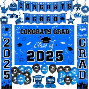 Graduation Decorations 2025, Graduation Decorations Set Class of 2025 Backdrop, Flag Banner, Porch Banner, Congrats GRAD Hanging Swirl, Balloons for Grad Party Decor (Blue & Black) Graduation Decorations 2025, Graduation Decorations Set Class of 2025 Backdrop, Flag Banner, Porch Banner, Congrats GRAD Hanging Swirl, Balloons for Grad Party Decor (Blue & Black)