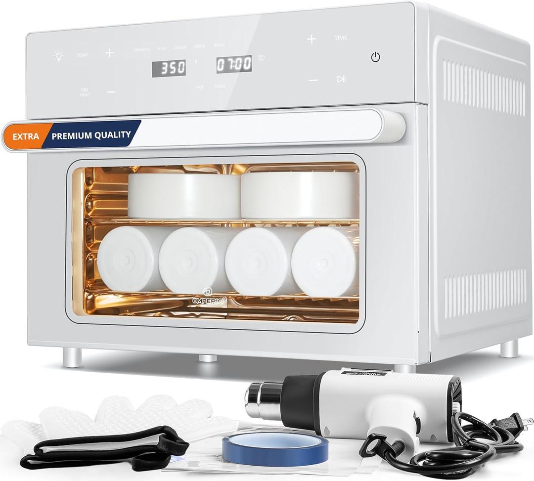 OMPERIO Sublimation Oven Machine for Tumblers, 32Qt 110V 1800W Convection Oven for Sublimation Blank Mugs Tumblers Bowls Glasses Bottles, 1 Heat Air Gun, 25 Shrink Wrap, 2 Heat Gloves, Heat Tape, Large
