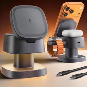 ByteWave 3-in-1 Charging Station for Apple, iPhone MagSafe Charger with 3-Color Light, 15W Max Foldable Wireless Fast Charging for iPhone 17/16/15/14/13/12, Apple Watch, AirPods, Home&Travel Friendly