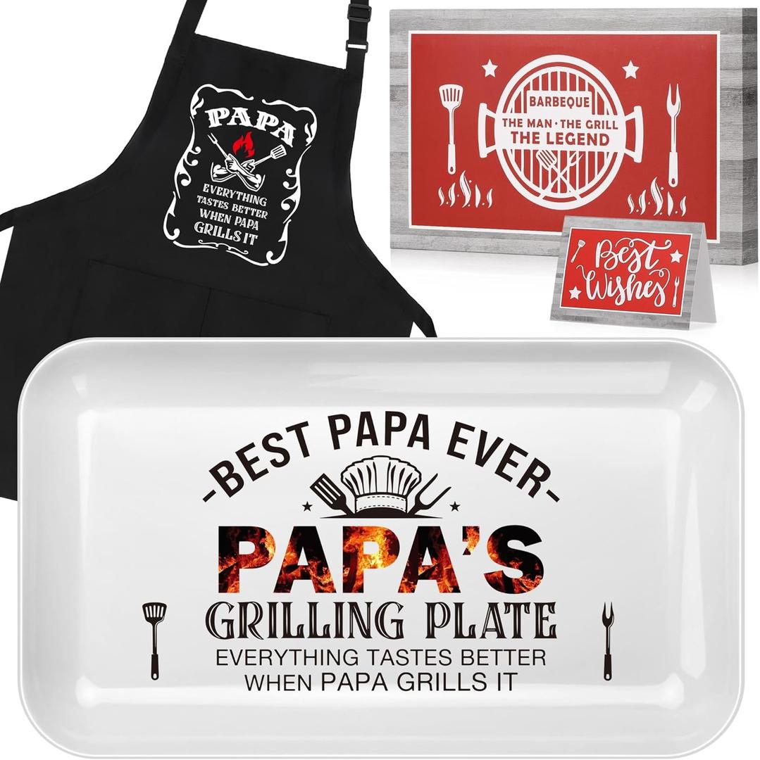 LEJIAJINW Fathers Day Papa Gifts for Grandpa, Grandpa Grandfather Father's Day Gift for Men BBQ Grilling Tray & Apron Set for Him, Grandfather Birthday Retirement Gifts Man, from Grandkids Grandson