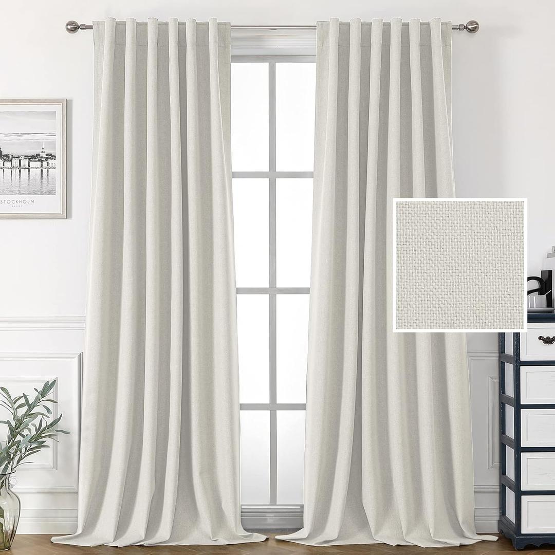 H.VERSAILTEX Blackout 100% polyester Curtains for Bedroom 84 inch Full Light Blocking Drapes with Double Face Linen Back Tab Loop Pocket Textured Burlap Curtains for Living Room 2 Panels, Off White