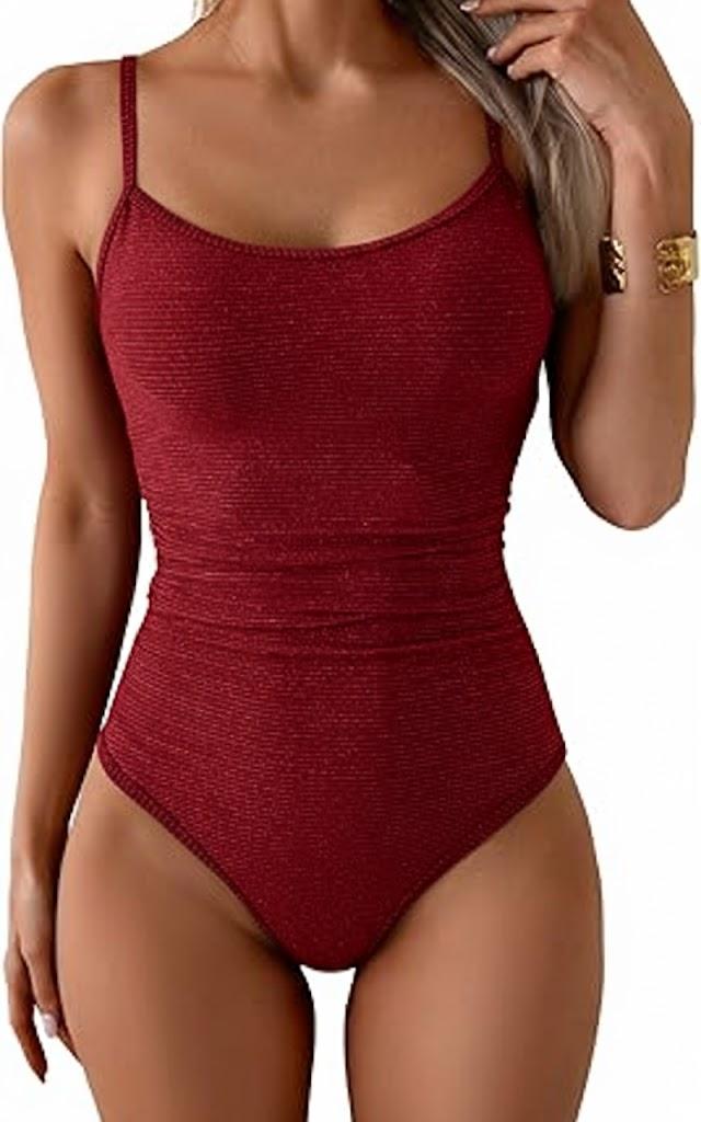 Eomenie Women's One Piece Swimsuit Tummy Control Slimming Bathing Suit Color Block Spaghetti Strap 1 Piece Swim Suit Swimwear (RedWine) M
