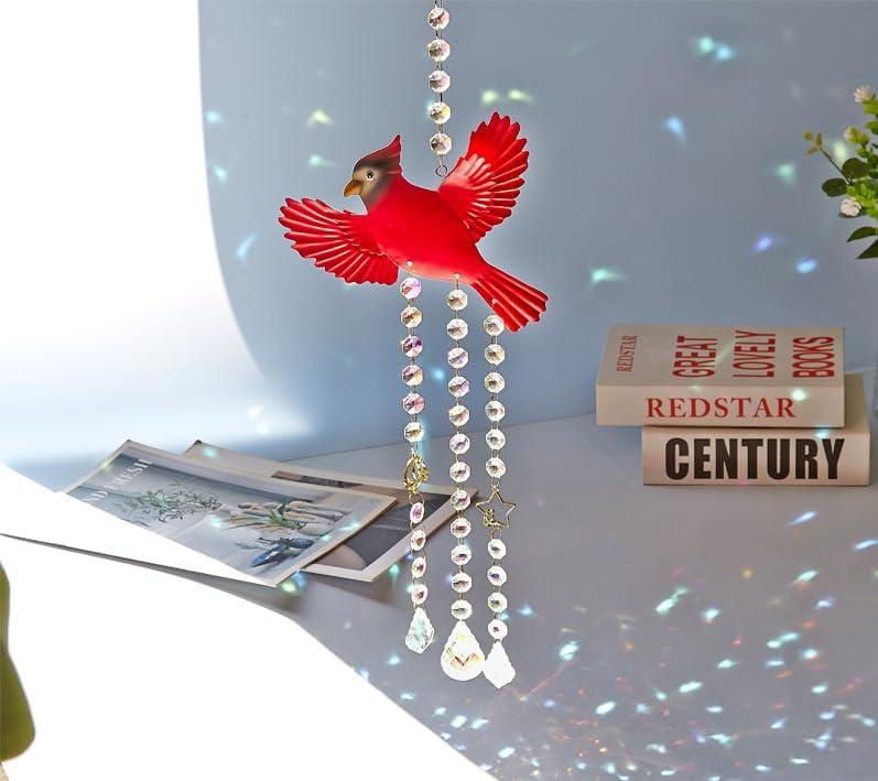 Red Cardinaluncatcher-Cardinal Gifts for Women, Window Hanging Ornament with Rainbow Prism, Memorial Gift for Women, Handmade Bird Decor for Home Garden, Christmas Valentine Gift for mom(Red B)