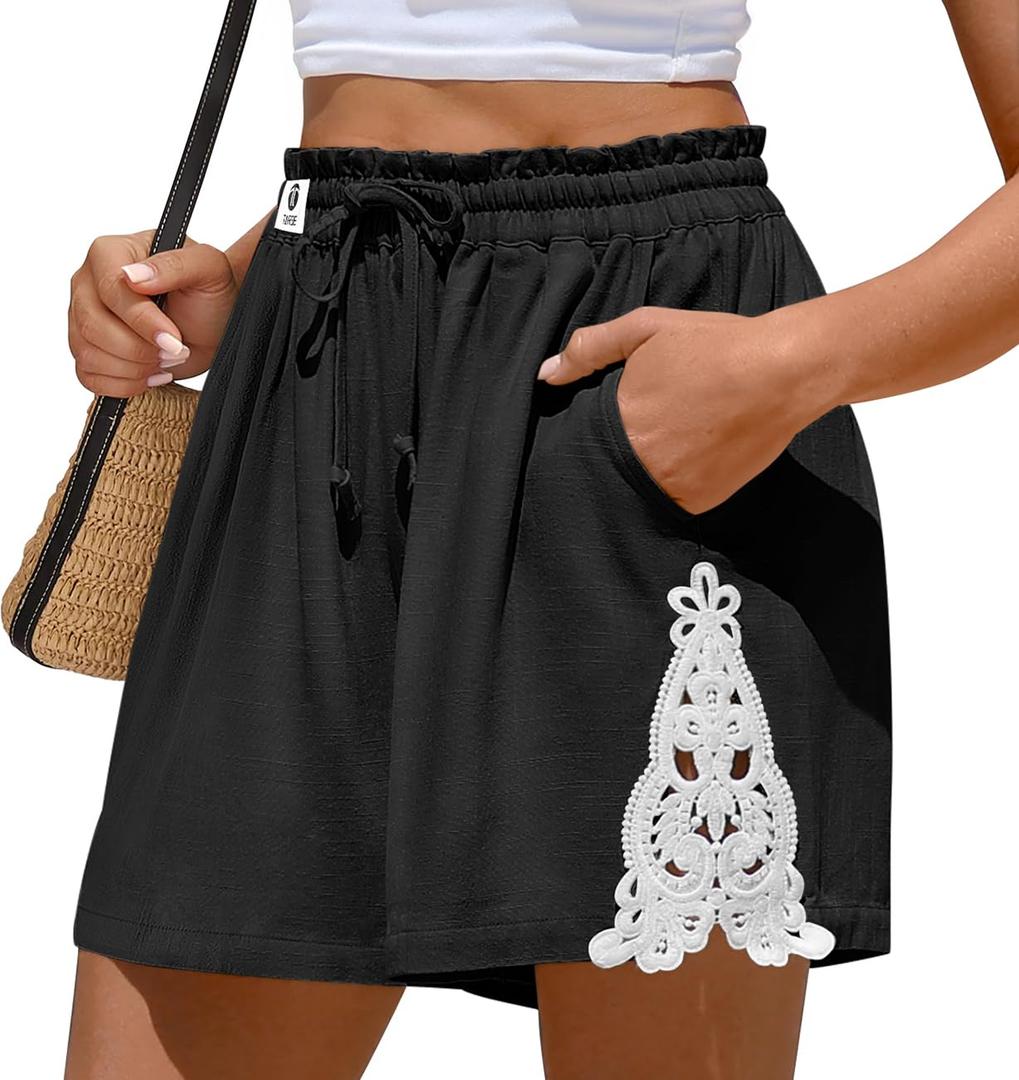 TARSE Womens Casual Linen Shorts Drawstring Summer Shorts Pockets Black (Black, S)