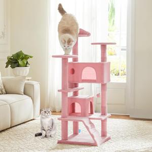 Cat Tree 54 Inch, Multi-Level Cat Tower with Condo, Perches, Sisal Scratching Posts and Climbing Ladder, Pet Play Toy Balls House for Indoor Cats, Pink