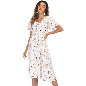 Gardenwed Chiffon Floral Dresses Summer Midi Wedding Guest Dress V Neck for Women Elastic Waist (3X-Large)