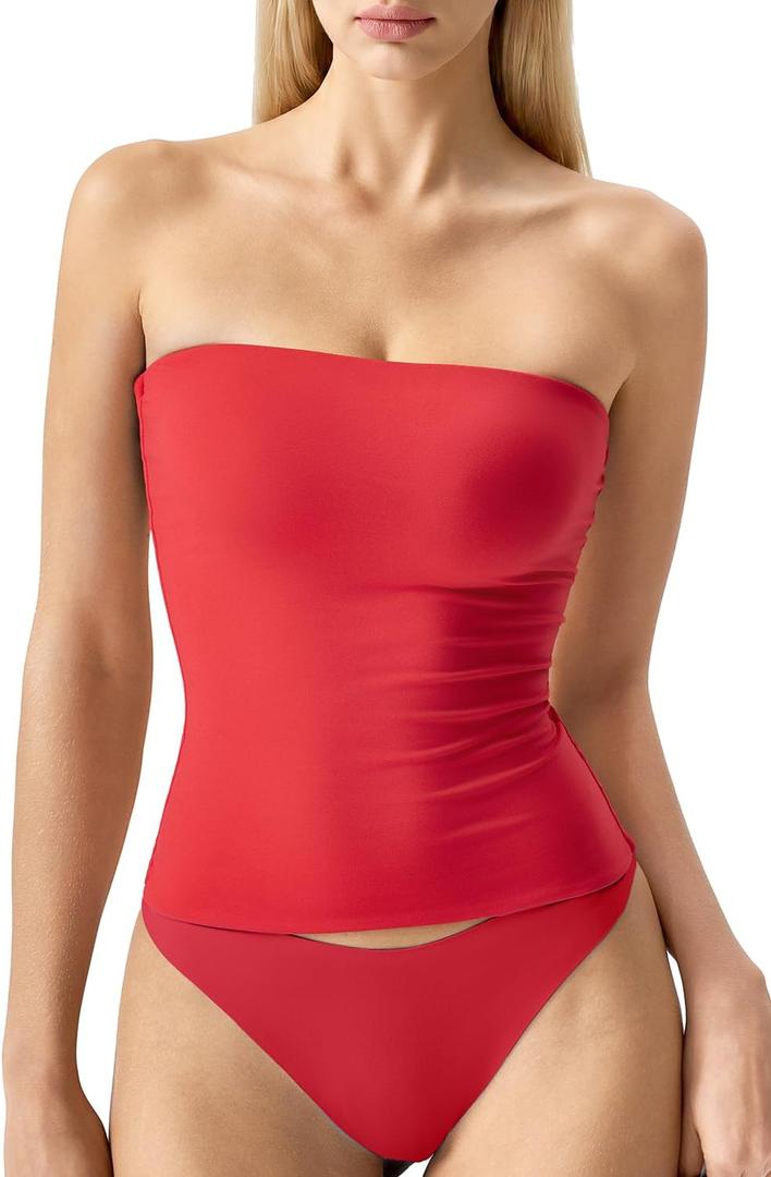 QINSEN Women's Tube Top Double Lined Strapless Bandeau Top Summer Slim Fit Going Out Tank Tops (X-Small, Fairy Red)