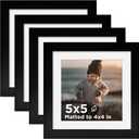 KINLINK 5x5 Picture Frame Black Set of 4, Wooden Square Photo Frames Matted 4x4 with Plexiglass for 4x4 with Mat or 5x5 without Mat for Table and Wall Display