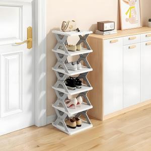 6 Tier Kids Shoe Rack, Collapsible Shoe Rack for Kids' Rooms, Foldable Vertical Shoe Organizer for Front Door Entrance, Compact Shoe Storage Shelf for Narrow Spaces (Gray-X) (Grey)